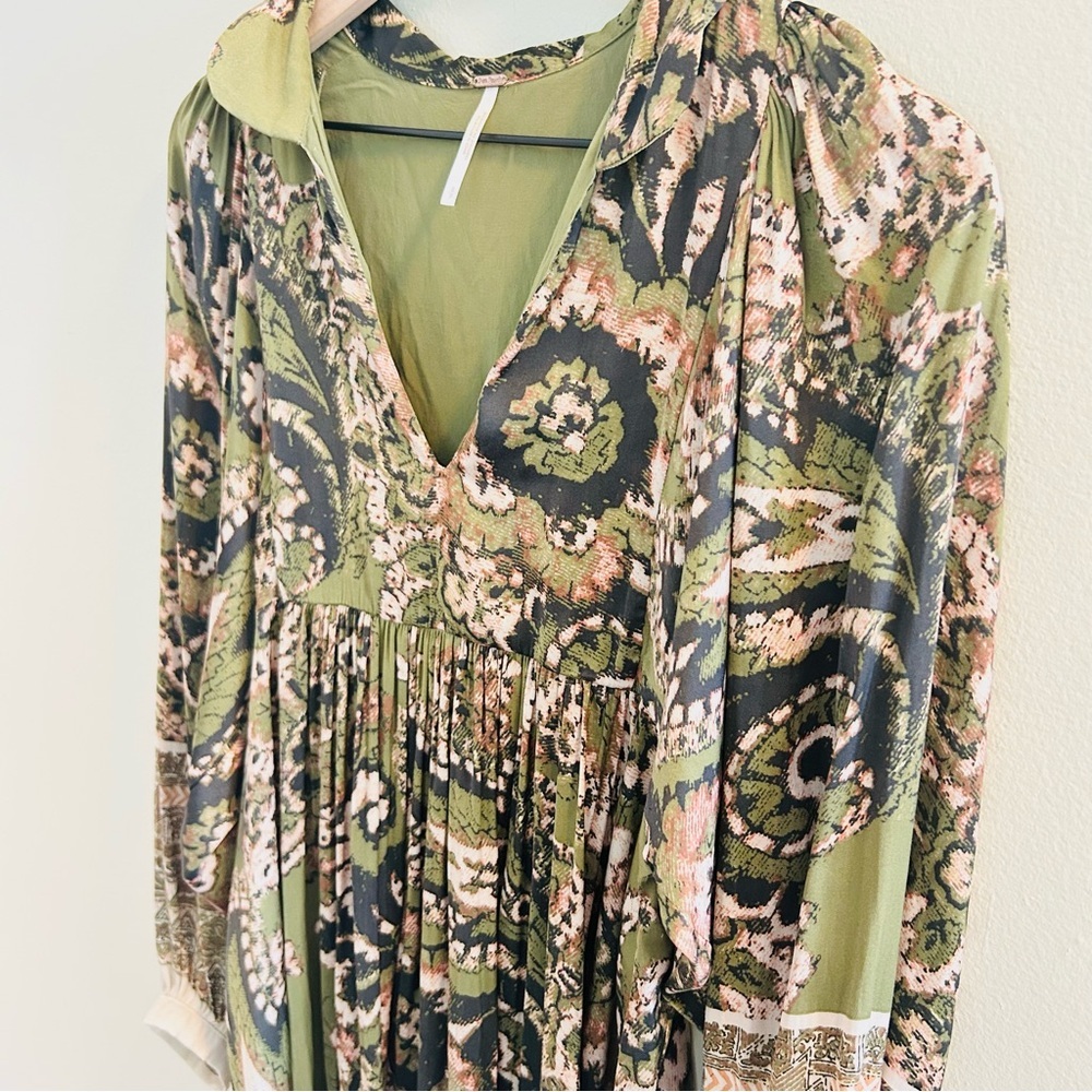 Free People Say You Love Me Mini Shirt Dress Size Small Green Boho Peasant Fall - Picture 3 of 11